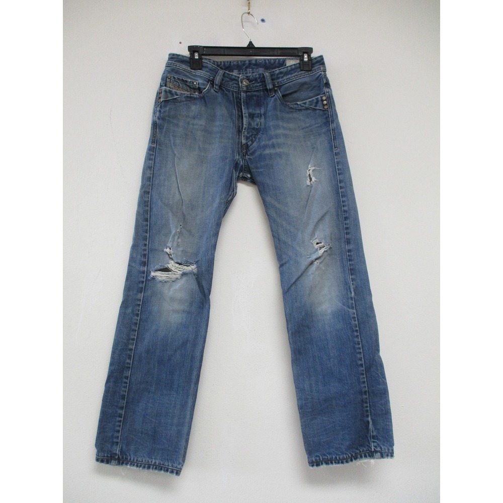 Diesel Jeans Men 29x28 Blue Distressed Vintage Y2K Straight Leg Utility Studded